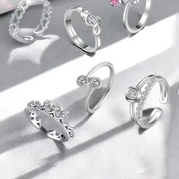 Okos Set Of 6 Rhodium-Plated CZ Stone-Studded Finger Ring-picture-27