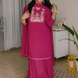 Janasya Women Floral Embroidered Regular Sequinned Kurti with Sharara & With Dupatta-image-79