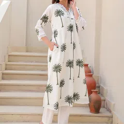 Indo Era Women Ethnic Motifs Printed Regular Thread Work Pure Cotton Kurta with Trousers image 4