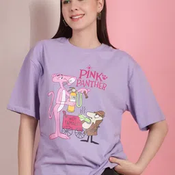 Tromko Women Pack of 2 Pink Panther Graphic Printed Round Neck Cotton Oversized T-shirts image 4