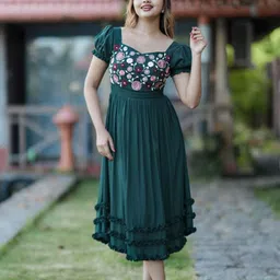 Sadhnazon Floral Embroidered Puff Sleeve Fit & Flare Midi Dress-picture-10