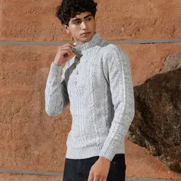 campus sutra Men Self Design Mandarin Neck Grey Sweater image 2