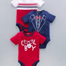 Babyoye Half Sleeves Cotton Blend Gentleman Theme Onesie Pack of 3 - Red Blue-image-7