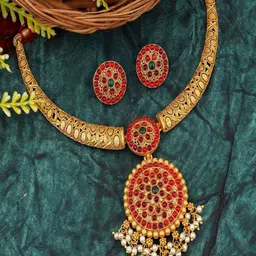 Talish Gold-Plated Stone-Studded & Beaded Jewellery Set-picture-39