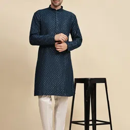 Pro-Ethic STYLE DEVELOPER Men Floral Embroidered Angrakha Sequinned Pure Cotton Kurta with Pyjamas image 5