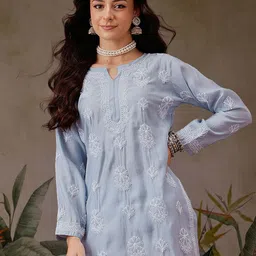 ADA Ethnic Motifs Embroidered Chikankari Chanderi Silk Chikankari Kurti-picture-28