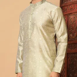 dvilla Men's Pale Gold Woven Pattern Kurta with Embroidered Collar image 4