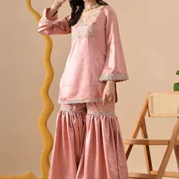 HERE&NOW Women Ethnic Motifs Embroidered Regular Thread Work Kurta with Sharara & With Dupatta image 1