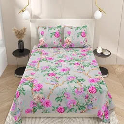 INDRA'S Grey & Pink Floral 144 TC King Bedsheet with 2 Pillow Covers-picture-10