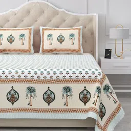 BELLA CASA White & Blue Floral 180 TC King Bedsheet with 2 Pillow Covers-picture-24