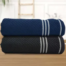 Myntra Elegant Homes Navy Blue & Black 2 Pieces Striped Cotton 400 GSM Bath Towels-picture-13