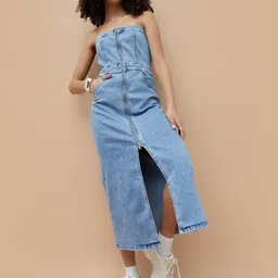 Ginger by Lifestyle Women Strapless Denim Cotton Bandeau Midi Dress-image-28