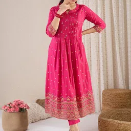 Indo Era Floral Printed Pure Cotton Round Neck A-Line Tunic With Trousers Co-Ords-picture-41