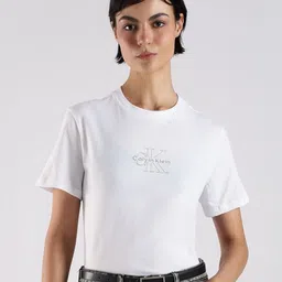 Calvin Klein Jeans Women Brand Logo Printed Round Neck Pure Cotton Regular Fit T-shirt-image-47