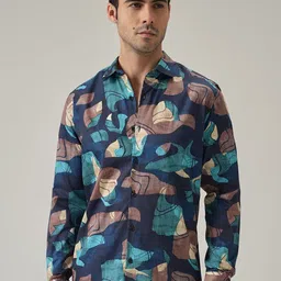 Banana Club Men Navy Blue Mosaic Print Shirt-picture-28