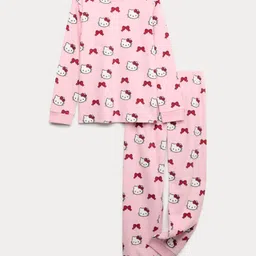 Marks & Spencer Girls Hello Kitty Printed T-Shirt & Pyjamas Night suit image 1