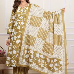 IKRASS Floral Printed Regular Pure Cotton Anarkali Kurta with Trousers & Dupatta image 1