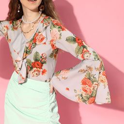 SASSAFRAS Grey & Red Floral Print Ruffles Crop Top-picture-26