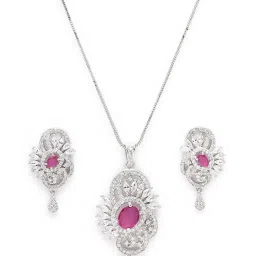 Karatcart Silver Tone Red American Diamond Studded Pendant Set image 4