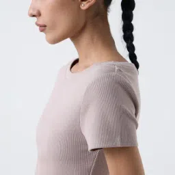 studiofit women Studiofit by Westside Taupe Ribbed-Textured Cotton-Blend T-Shirt image 4