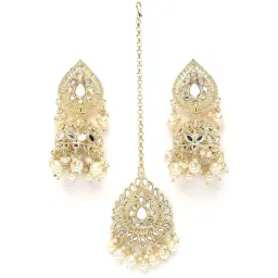 Karatcart Gold Plated Mirror and Pearl Studded Drop Shape Jhumki Earring and Maangtikka Set image 4