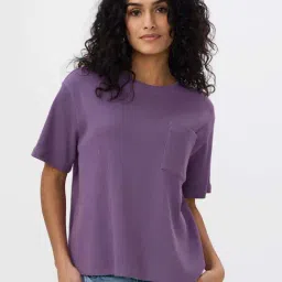 The Souled Store Purple 97% Cotton 3% Elastane Solid Top-image-61