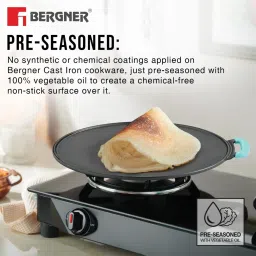 Bergner Black Eco Cast Iron Flat Multi Tawa with One Sided Handle & Silicone Sleeve (30cm/12") image 3
