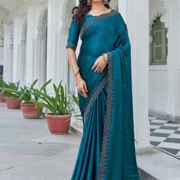 Satrani Sea Blue Embellished Saree With Unstitched Blouse image 3