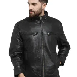 Teakwood Leathers Black High Neck Leather Jacket-image-49