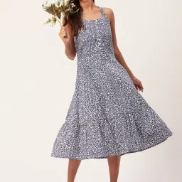 Moomaya Blue & White Cotton Floral Print Midi Dress image 4