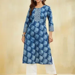 Fabindia Blue Cotton Slim Fit Floral Print Kurtas-picture-18