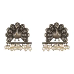 Aatmana Silver-Plated & Pear Beaded Oxidized Peacock Shaped Drop Earrings image 4