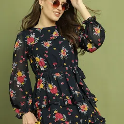 La Zoire Floral Printed Layered Georgette Fit & Flare Dress-image-22