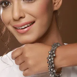 Aatmana Silver-Plated Ghungroo Beaded Oxidized Handcrafted Bangle Style Bracelet image 4