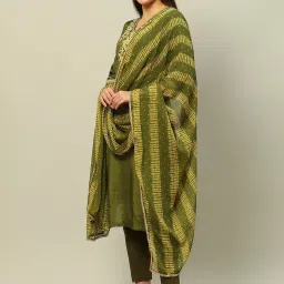 Rangriti Olive Green Striped Dupatta image 3
