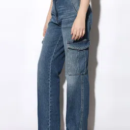 Only Blue Cotton Straight Fit High Rise Cargo Jeans image 3