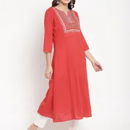 savi india Savi Blue Cotton A-Line Embroidered Kurta kurtis image 3