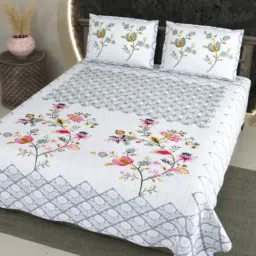 Living Roots Floral Grey 300 TC Cotton Bedsheet with 2 Pillow Covers-image-24