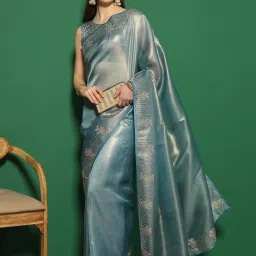 Saree Mall Blue Embellished Sarees With Unstitched Blouse image 3