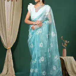 Saree Mall Turquoise Embroidered Sarees With Unstitched Blouse image 3