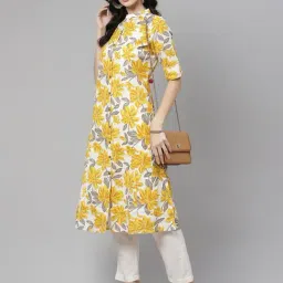 Divena White & Yellow Cotton Printed Straight Kurta image 4