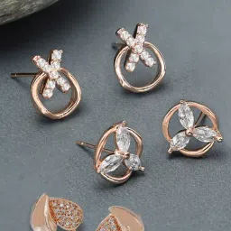 Zaveri Pearls Set of 3 Rose Gold Cubic Zirconia Contemporary Stud Earrings - ZPFK13445-picture-21