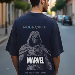 Bewakoof Official Marvel Merchandise Men's Blue Marvel Moon Knight Graphic Printed Oversized T-shirt image 2