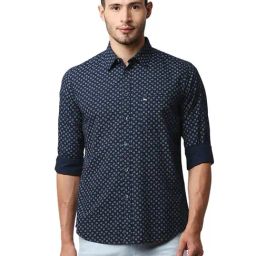 Basics Navy Cotton Slim Fit Printed Shirt-picture-0