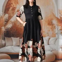DECKEDUP Black Cotton Floral Dress-image-34