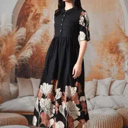 DECKEDUP Black Cotton Floral Dress image 4