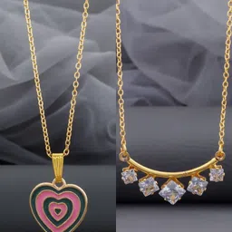 Birado Jewellery Set Of 2 Stainless Steel Gold-Plated Stones Studded Pendants With Chains-picture-33