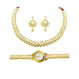 Sri Jagdamba Pearls Golden Alloy Necklace Set with Watch-picture-15