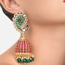 Zaveri Pearls Pink & Green Peacock Inspired Meenakari Jhumki Earrings-ZPFK10342-image-64