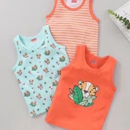 Babyhug Cotton Sleeveless Vests Striped And Tiger Printed Pack of 3 - Red Blue Orange image 1